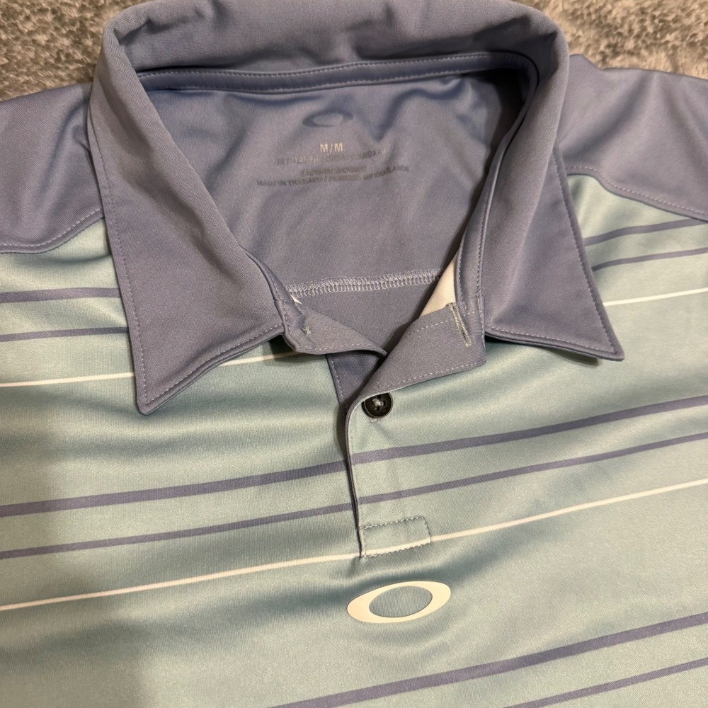 Oakley Mens Golf Polo Shirt Sz M Striped Short Sleeve Performance Gray Blue‎ - Picture 4 of 6